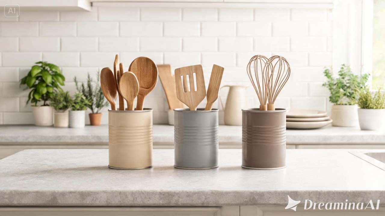 Ideias criativas para reutilizar latas de alimentos e criar porta-utensílios que unem decoração, organização e economia.
