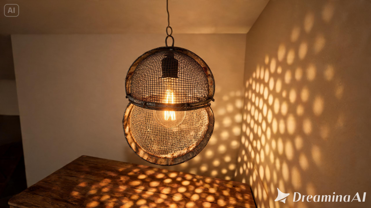 Crie efeitos incríveis de luz e sombra na sua decoração! Aprenda a fazer uma luminária pendente artesanal reaproveitando uma peneira velha.