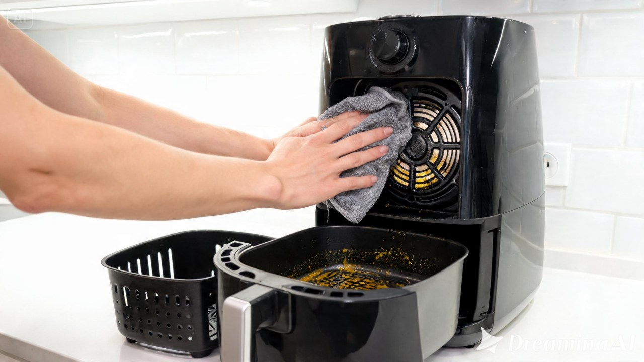 Veja como evitar fumaça na airfryer com uma limpeza simples da gaveta, da resistência e dos resíduos de gordura acumulados no aparelho.