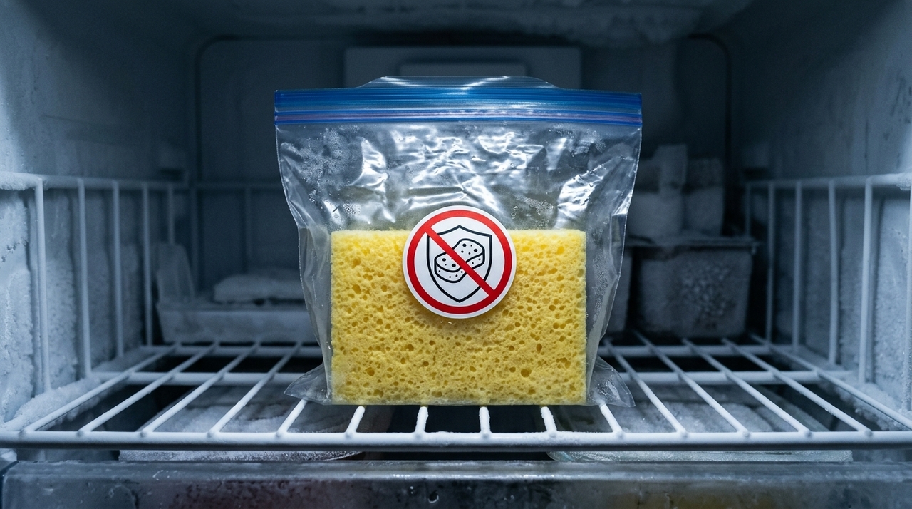 Quando uma esponja seca é colocada no freezer, a estrutura do poliuretano ou material sintético esfria de forma uniforme.
