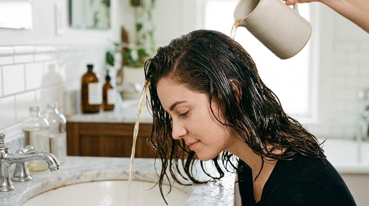 Quando se fala em vinagre no cabelo, normalmente trata-se do vinagre de maçã bem diluído em água, aplicado após a lavagem como um enxágue final.