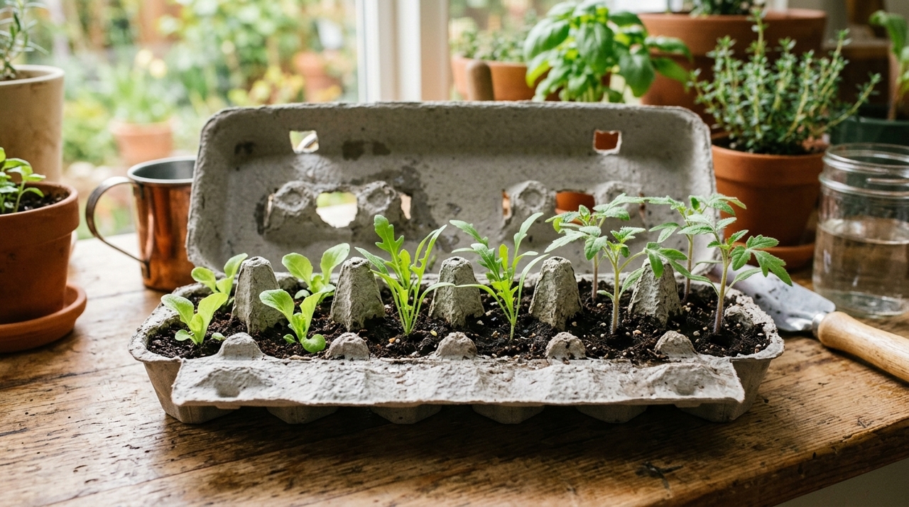 A caixa de ovos funciona como um pequeno berçário para as plantas, em que cada cavidade atua como recipiente individual.