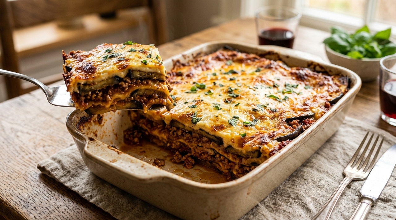 Para uma travessa pequena, utilize duas berinjelas médias, 150 g de carne moída magra, molho de tomate, cebola, alho e aproximadamente 80 g de queijo.