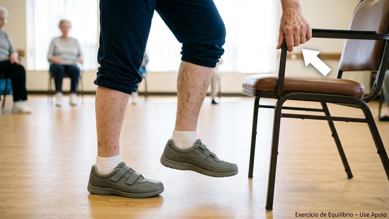 Praticar exercícios focados em estabilidade ajuda a prevenir quedas e fortalece a mobilidade. – Imagem gerada por IA