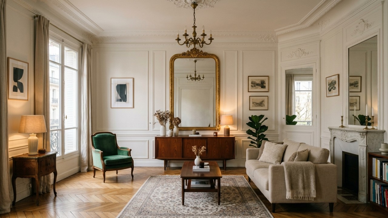 A decoração inspirada no estilo parisiense combina elegância clássica e aconchego em um refúgio de sofisticação. – Imagem gerada por IA
