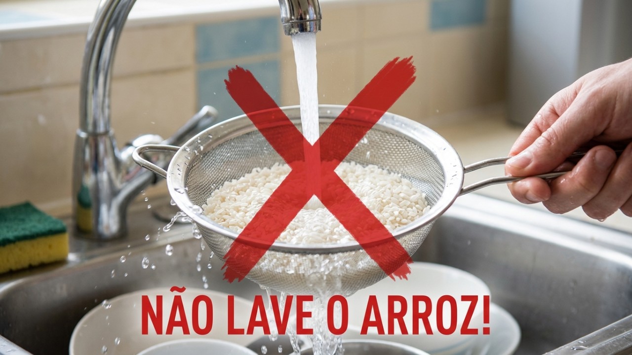 Lavar o arroz antes do cozimento elimina nutrientes essenciais e altera a textura ideal dos grãos. – Imagem gerada por IA