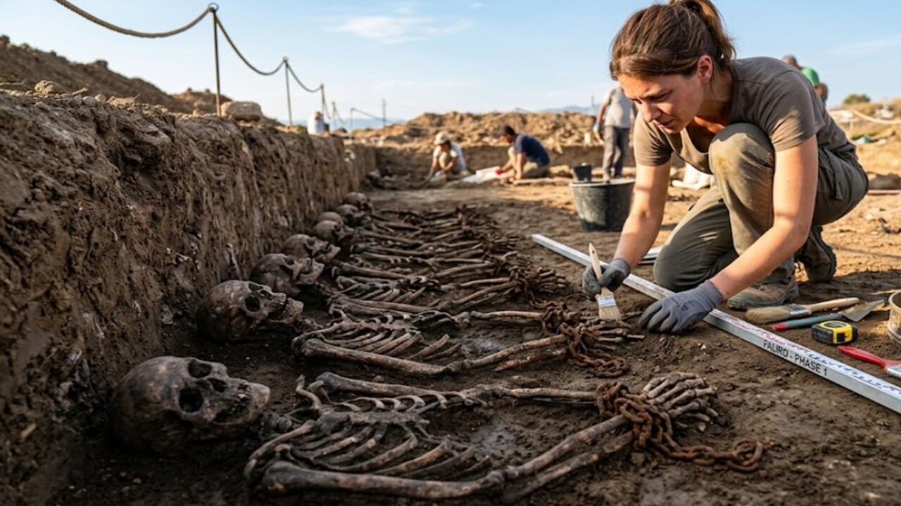 Uma descoberta arqueológica revelou dezenas de esqueletos acorrentados em uma vala na antiga Faliro