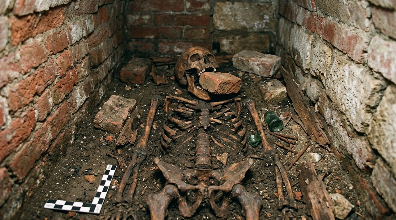 Em 2006, pesquisadores encontraram uma sepultura incomum na ilha de Lazzaretto Nuovo, em Veneza, durante escavações de um antigo cemitério ligado às vítimas da peste.