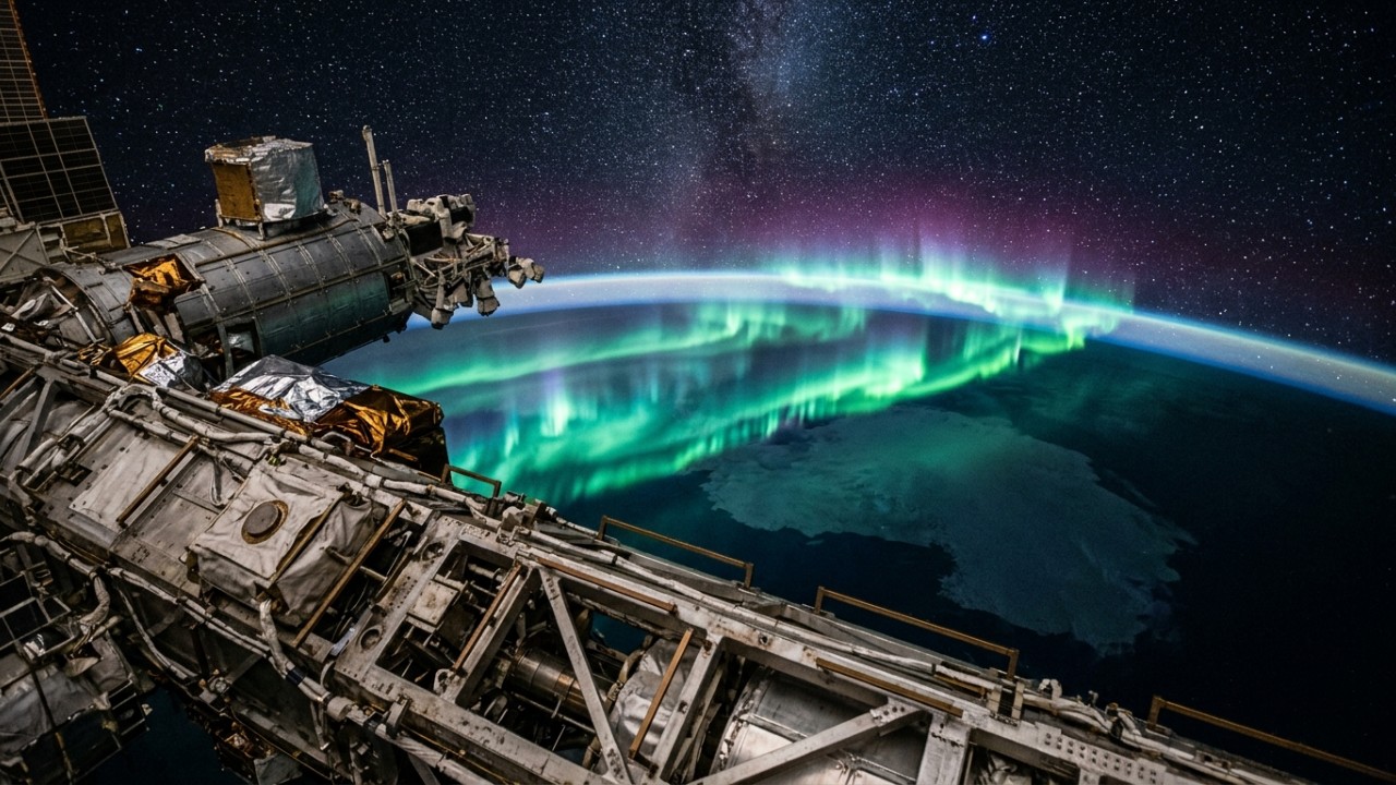 O fenômeno da aurora austral ilumina a curvatura da Terra vista do espaço. – Imagem gerada por IA