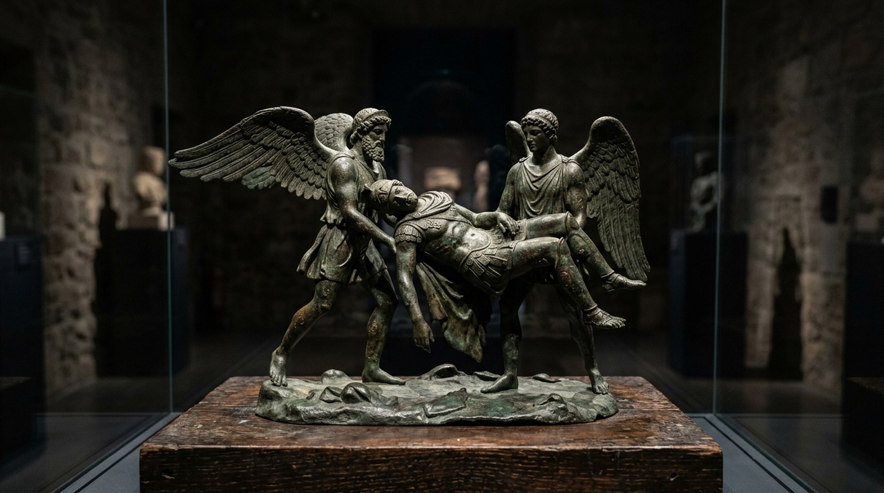 A obra mostra Hipnos, deus do sono, e Tânatos, deus da morte não violenta, transportando o corpo de Sarpédon.