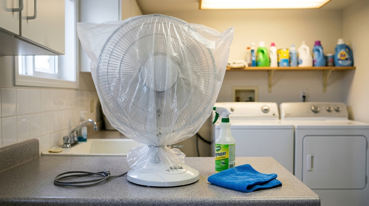 Uma técnica popular nas redes sociais utiliza um saco plástico e um produto desengordurante para soltar a sujeira acumulada no cabeçote do ventilador.