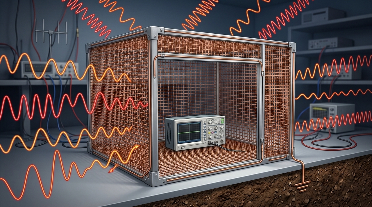 A explicação sobre a blindagem produzida por uma gaiola de Faraday afirma que ondas de rádio podem ser fortemente atenuadas ou bloqueadas.