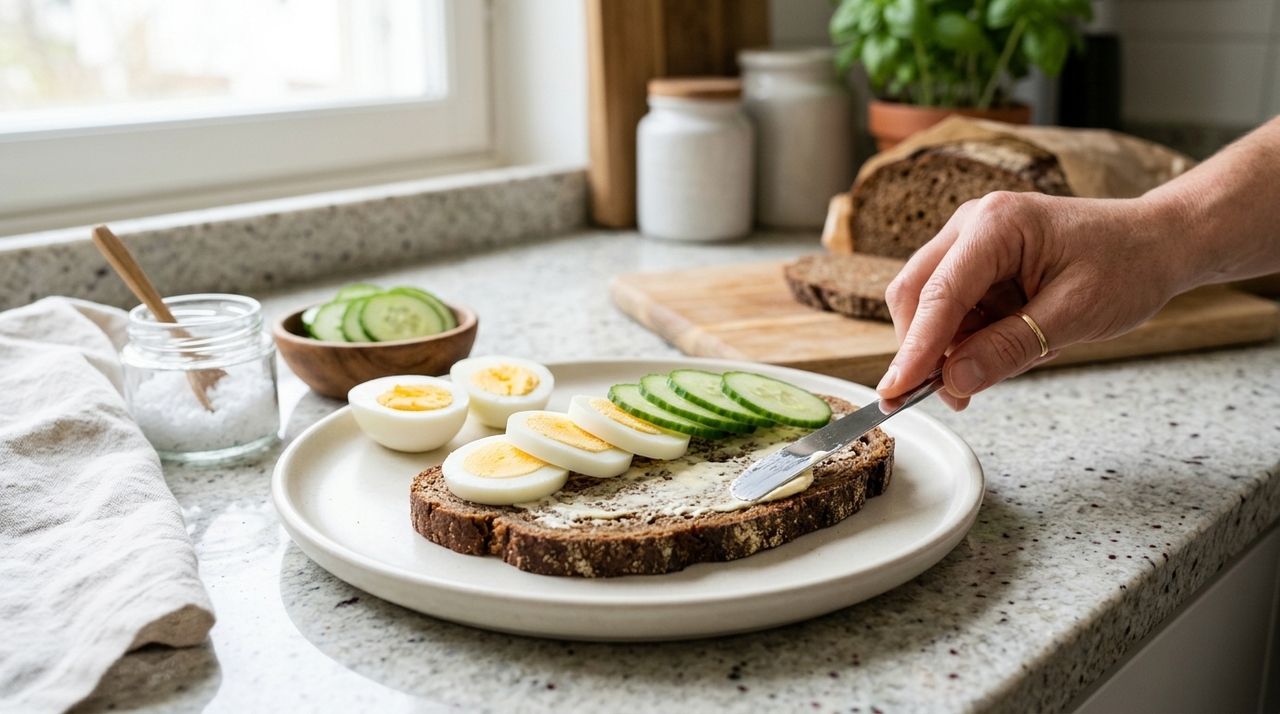 Na tradição do smørrebrød dinamarquês, o prato aparece como preparação fria feita sobre pão rugbrød.
