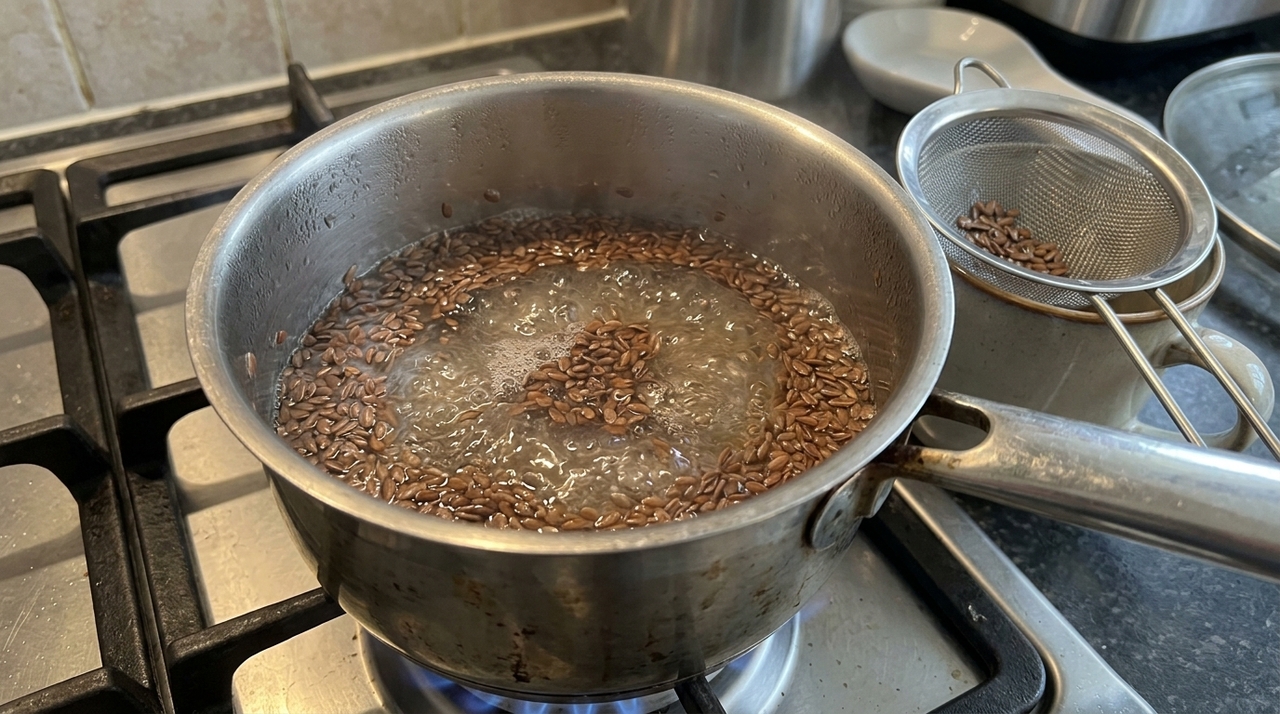 O preparo utiliza sementes de linhaça fervidas em água para formar um gel rico em mucilagem.