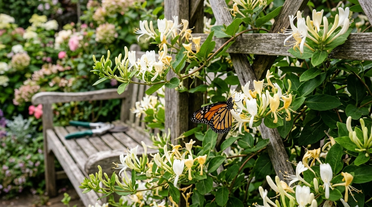 A Lonicera japonica é uma trepadeira asiática da família Caprifoliaceae, capaz de atingir vários metros e produzir flores brancas a amareladas