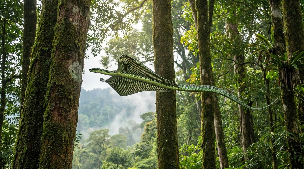 A chamada cobra-voadora não realiza um voo verdadeiro, mas um impressionante movimento de planagem.