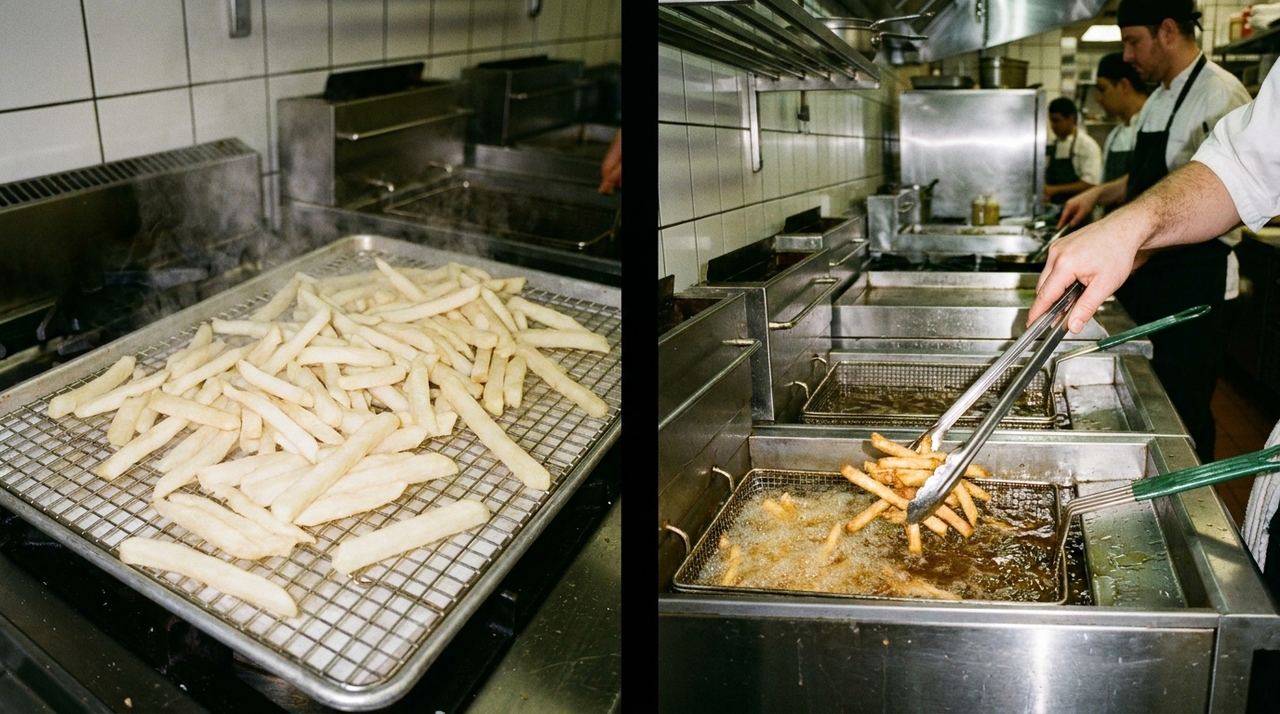 A dupla fritura separa o cozimento interno da formação da crosta.