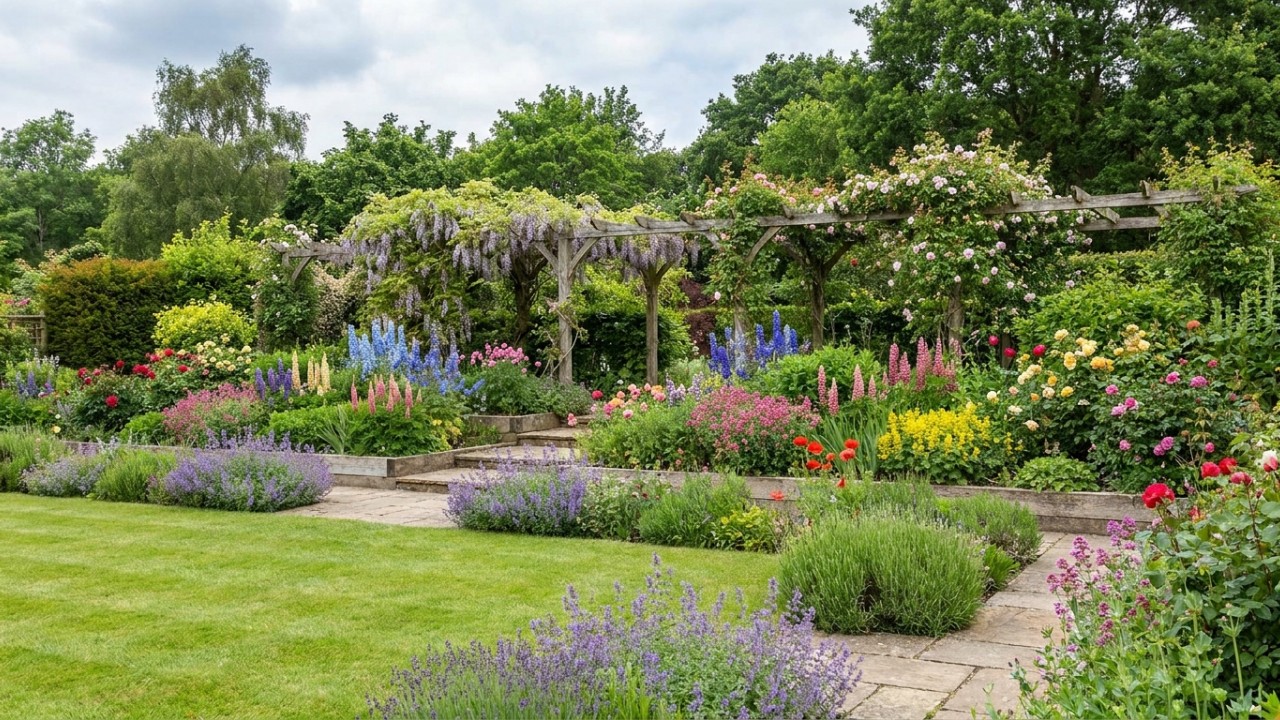 O estilo paisagístico britânico une estrutura formal e liberdade natural para criar um refúgio exuberante. – Imagem gerada por IA