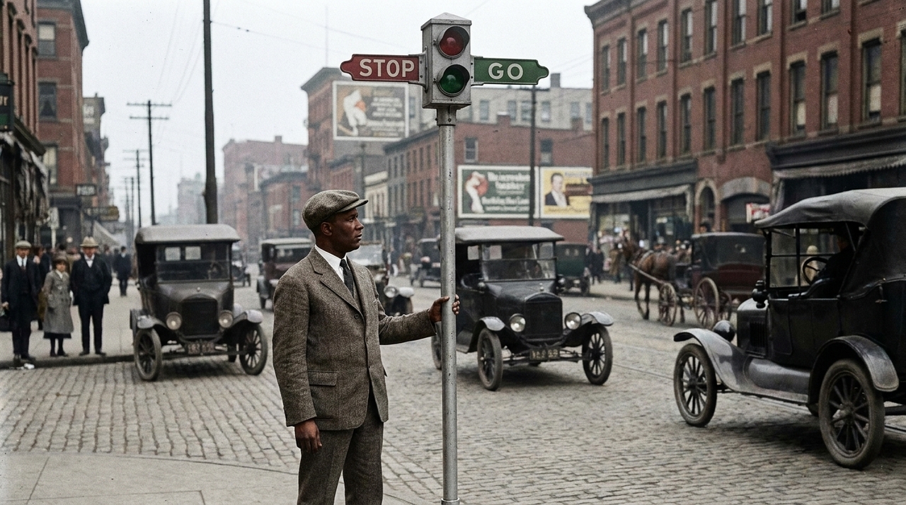 Em 1923, o inventor norte-americano Garret Morgan patenteou um novo modelo de sinalização viária após observar os riscos causados pela mistura entre automóveis e carruagens.