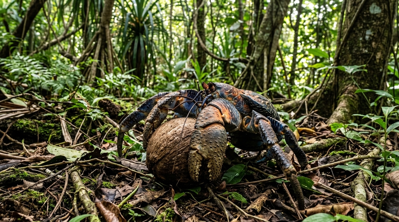 O caranguejo-dos-coqueiros é um crustáceo gigante conhecido cientificamente como Birgus latro.