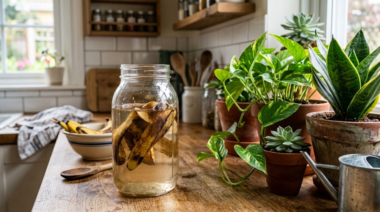 O adubo líquido de casca de banana é uma solução preparada com água e cascas frescas ou secas, deixadas em repouso por um período para liberar nutrientes.