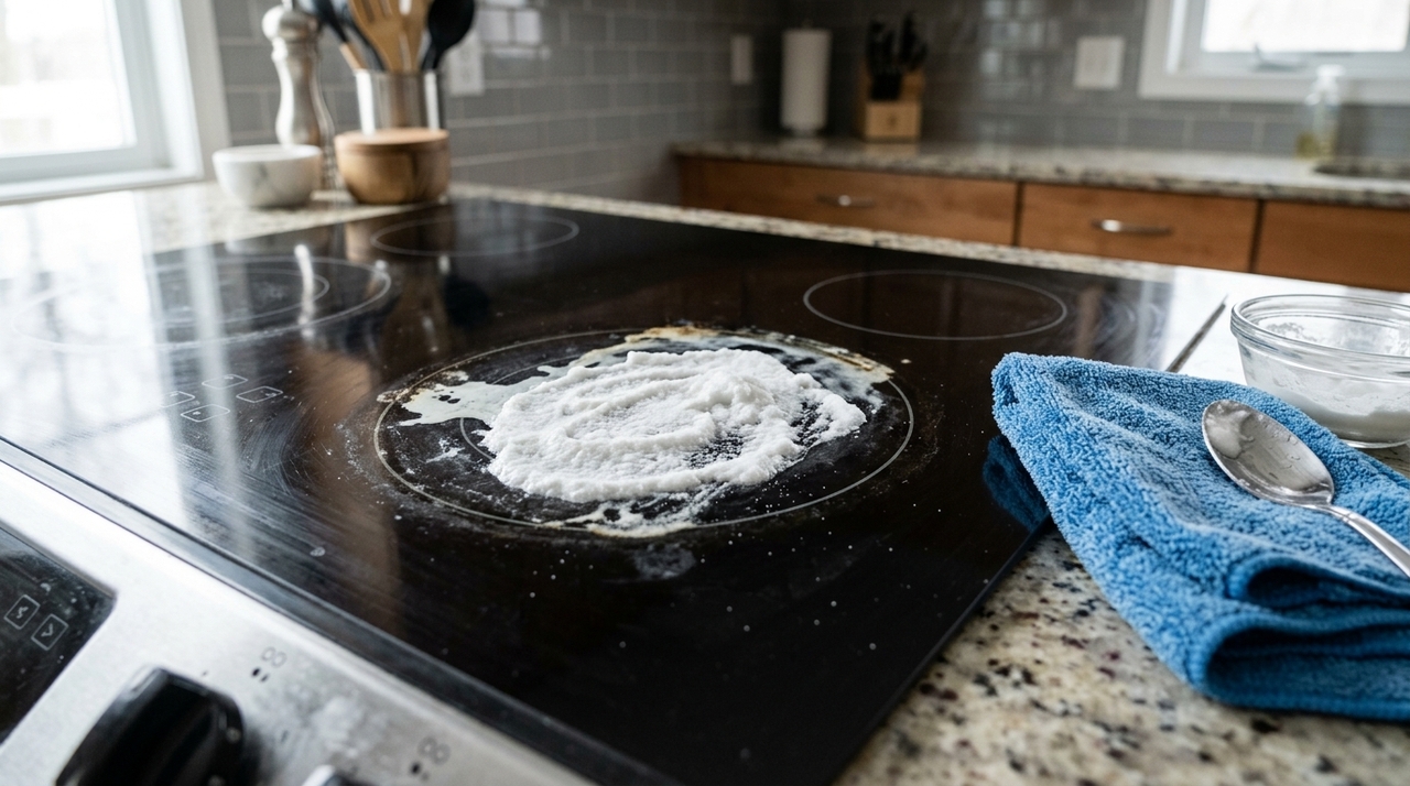 Depois que o cooktop esfriar completamente, umedeça a área com água morna e deixe agir por cerca de 15 a 20 minutos.