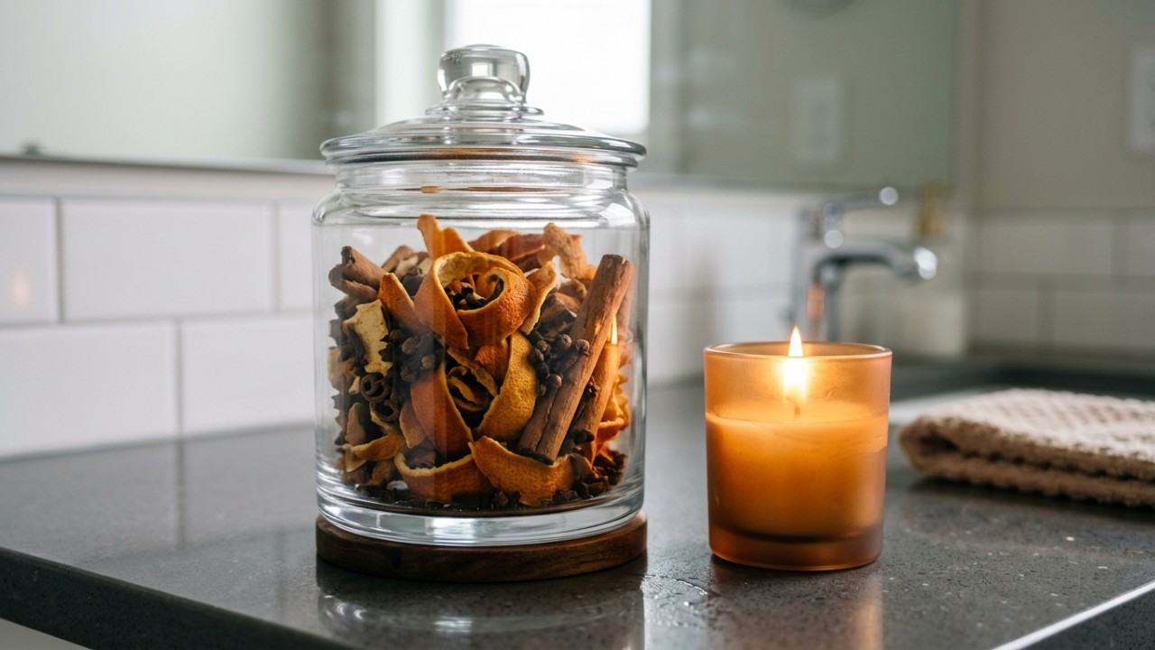 As cascas de laranja e especiarias ajudam a neutralizar odores e perfumar o banheiro de forma simples e sustentável. – Imagem gerada por IA