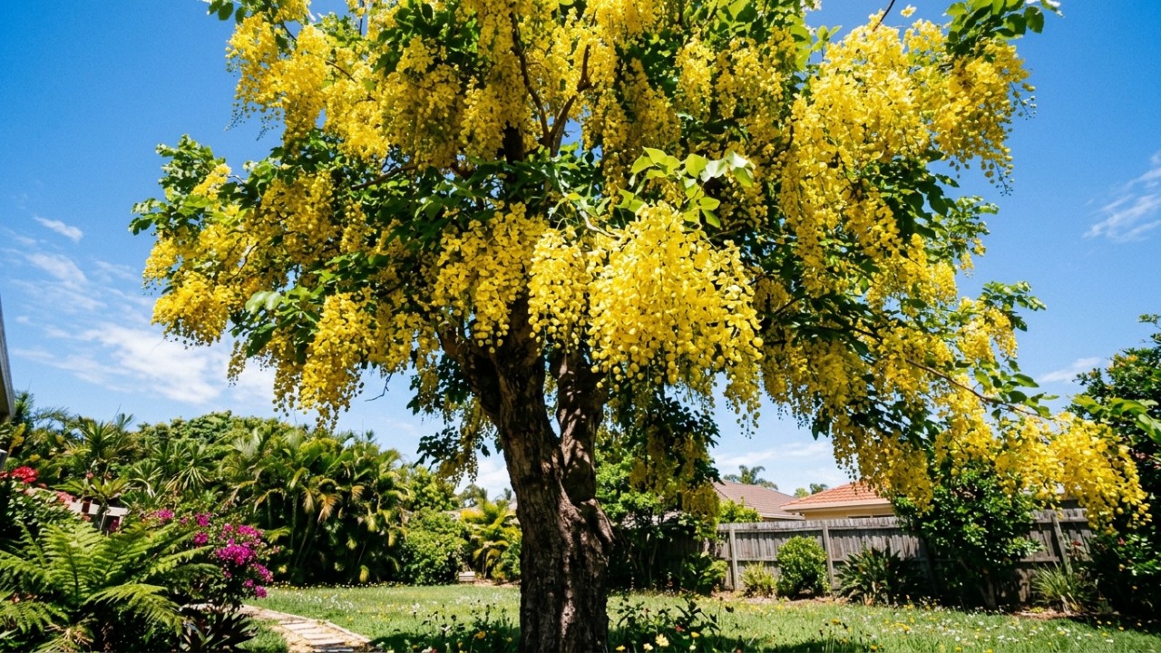 Cachos de flores amarelas atraem polinizadores essenciais para o equilíbrio do seu jardim. – Imagem gerada por IA