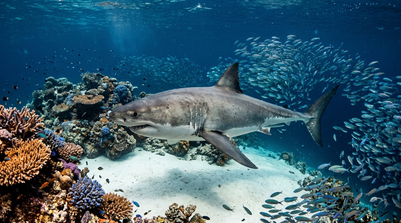A jornada linguística para entender esses animais começa com o termo em inglês shark.