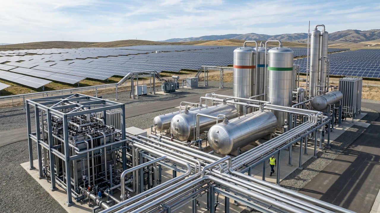 Madri inaugura usina inovadora que produz hidrogênio limpo a partir de efluentes tratados sem utilizar água potável. – Imagem gerada por IA