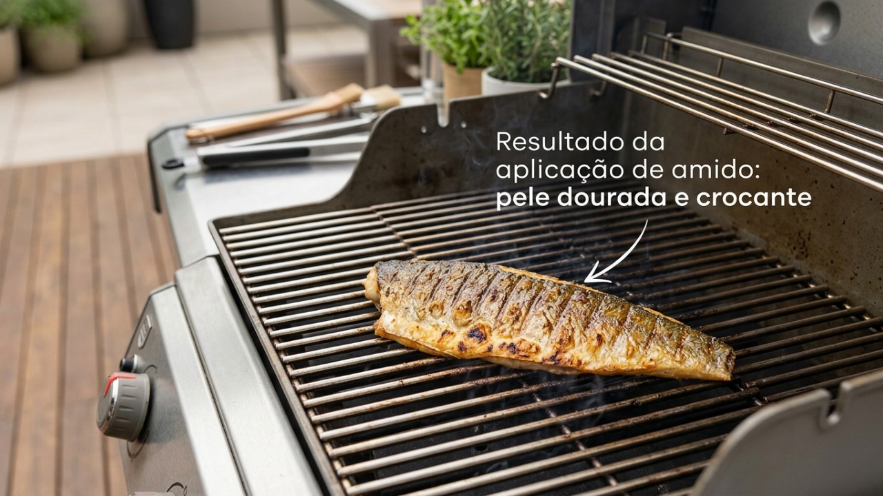 Esfregar batata na grelha quente evita que o peixe grude durante o preparo. – Imagem gerada por IA