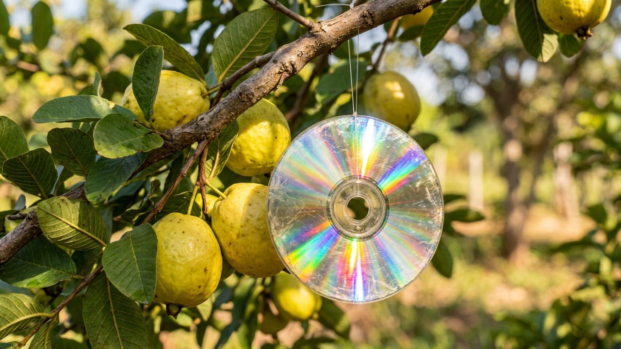 O uso de CDs antigos cria um espantalho visual eficiente para proteger as goiabeiras. – Imagem gerada por IA