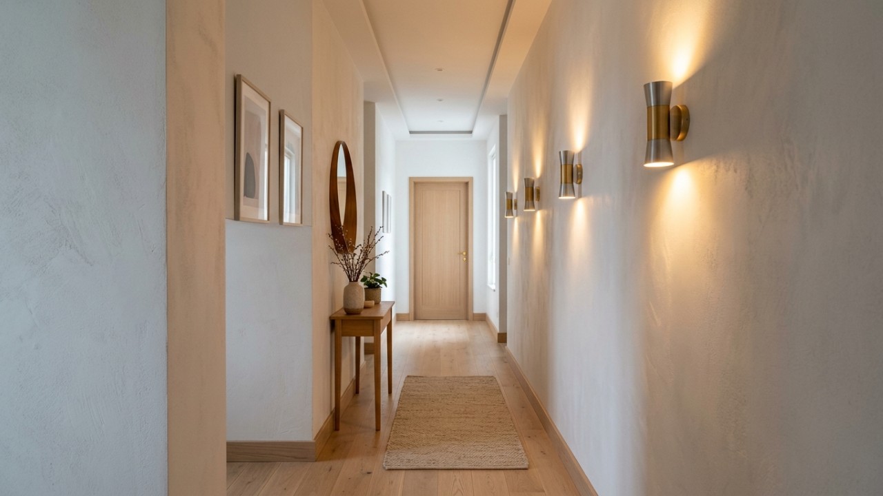 A iluminação em camadas transforma corredores escuros em passagens aconchegantes e sofisticadas. – Imagem gerada por IA