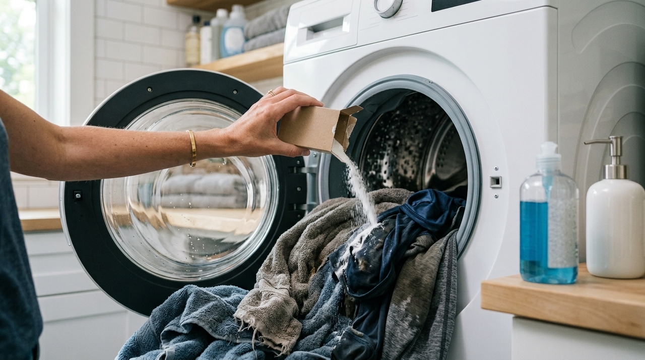Para uma máquina cheia, pode-se começar com duas a quatro colheres de sopa de bicarbonato, respeitando sempre as orientações do fabricante do aparelho e da roupa.