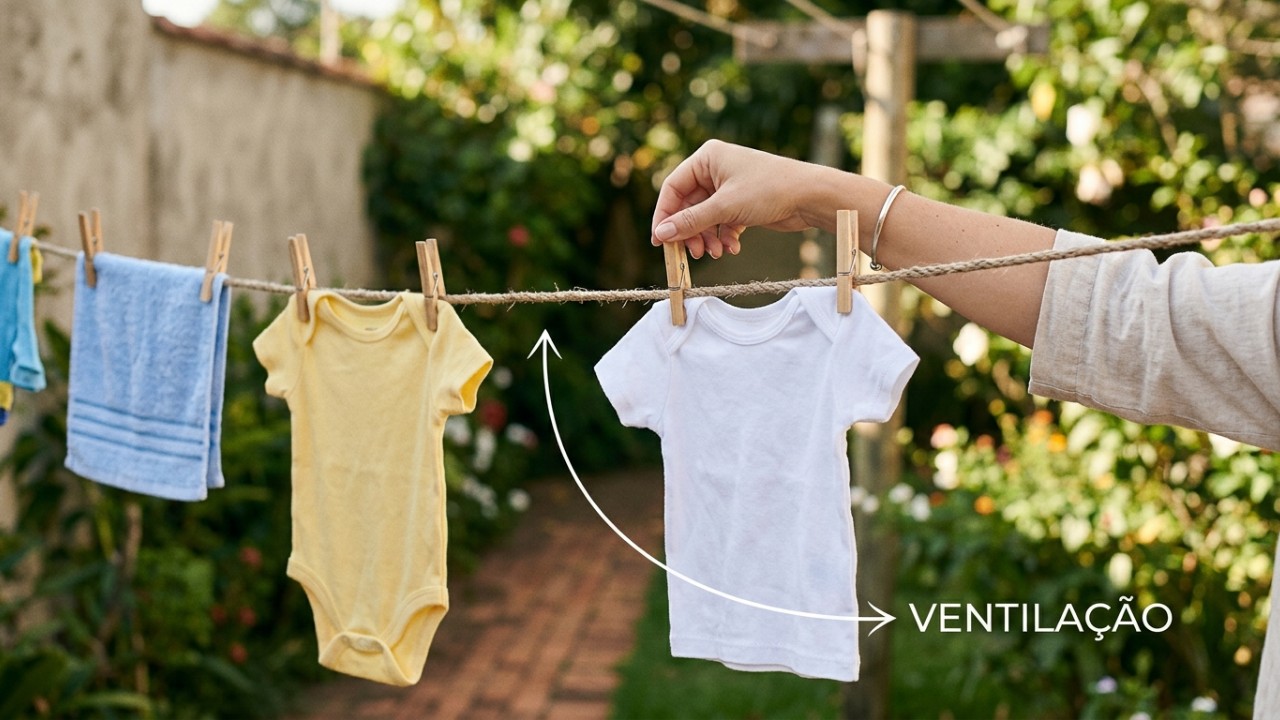 A disposição estratégica das roupas em formato de U invertido otimiza a circulação de ar no varal. – Imagem gerada por IA