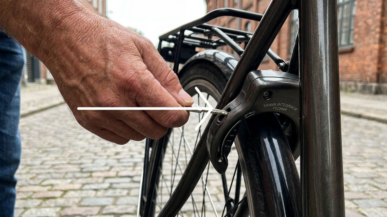 O uso de correntes resistentes fixadas a estruturas imóveis é essencial para evitar o furto de bicicletas na Holanda. – Imagem gerada por IA