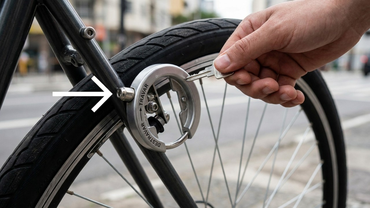 A segurança reforçada da bicicleta depende do uso combinado de cadeados de quadro e corrente. – Imagem gerada por IA