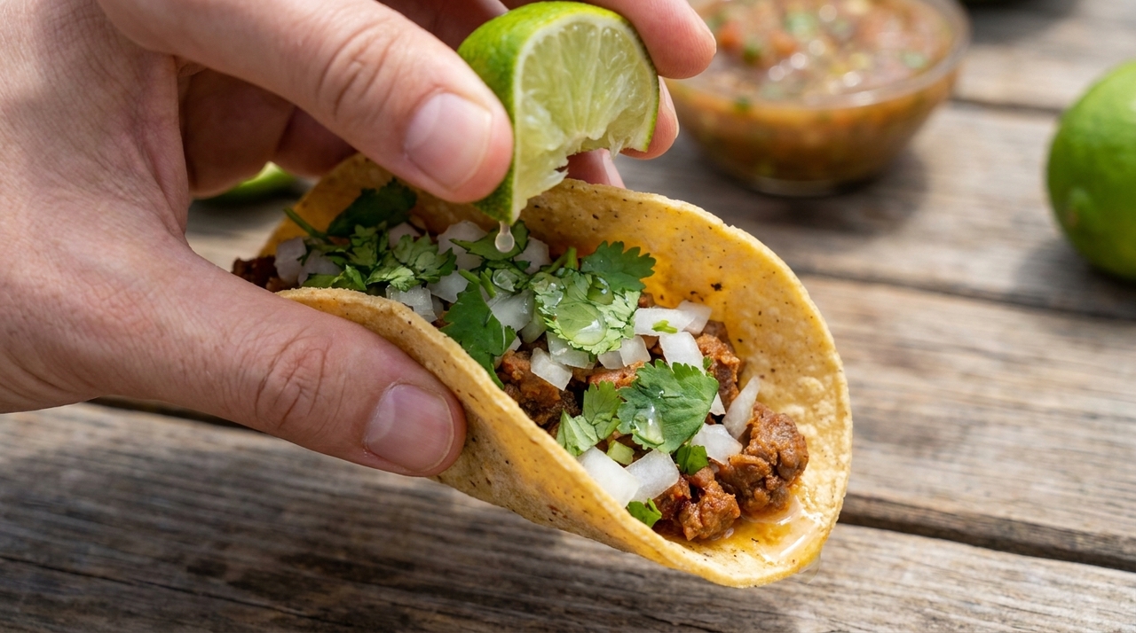 Carnitas, al pastor, carne assada e frango temperado funcionam bem com cebola, coentro e limão.