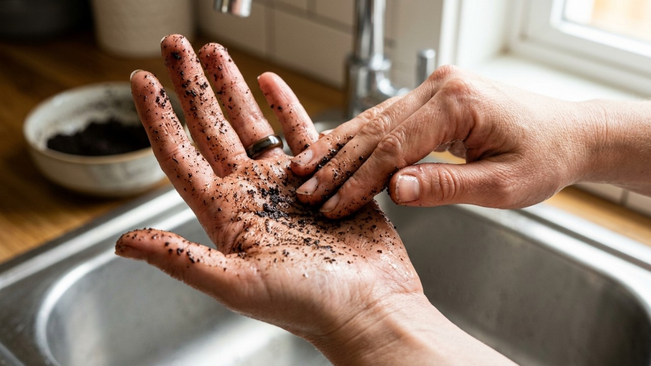 O uso da borra de café é uma alternativa eficaz e sustentável para neutralizar odores intensos nas mãos após o preparo de alimentos. – Imagem gerada por IA