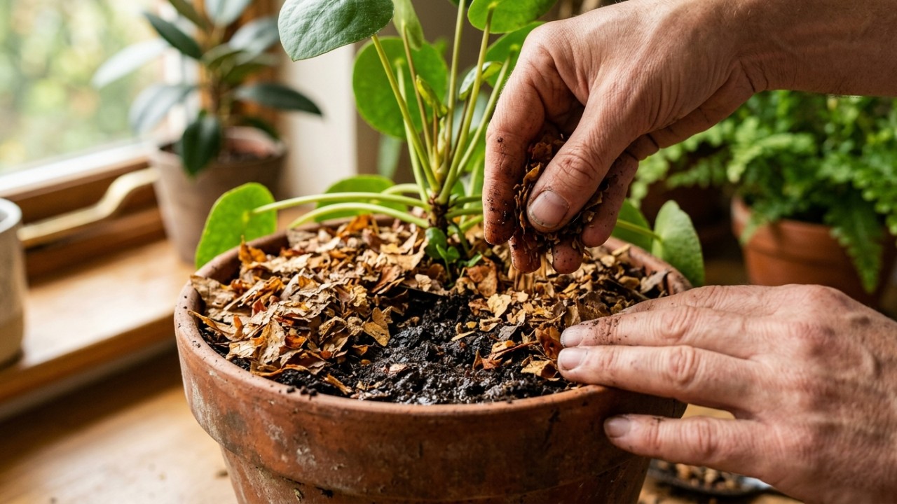 A compostagem caseira aproveita resíduos naturais para enriquecer o substrato dos seus vasos. – Imagem gerada por IA
