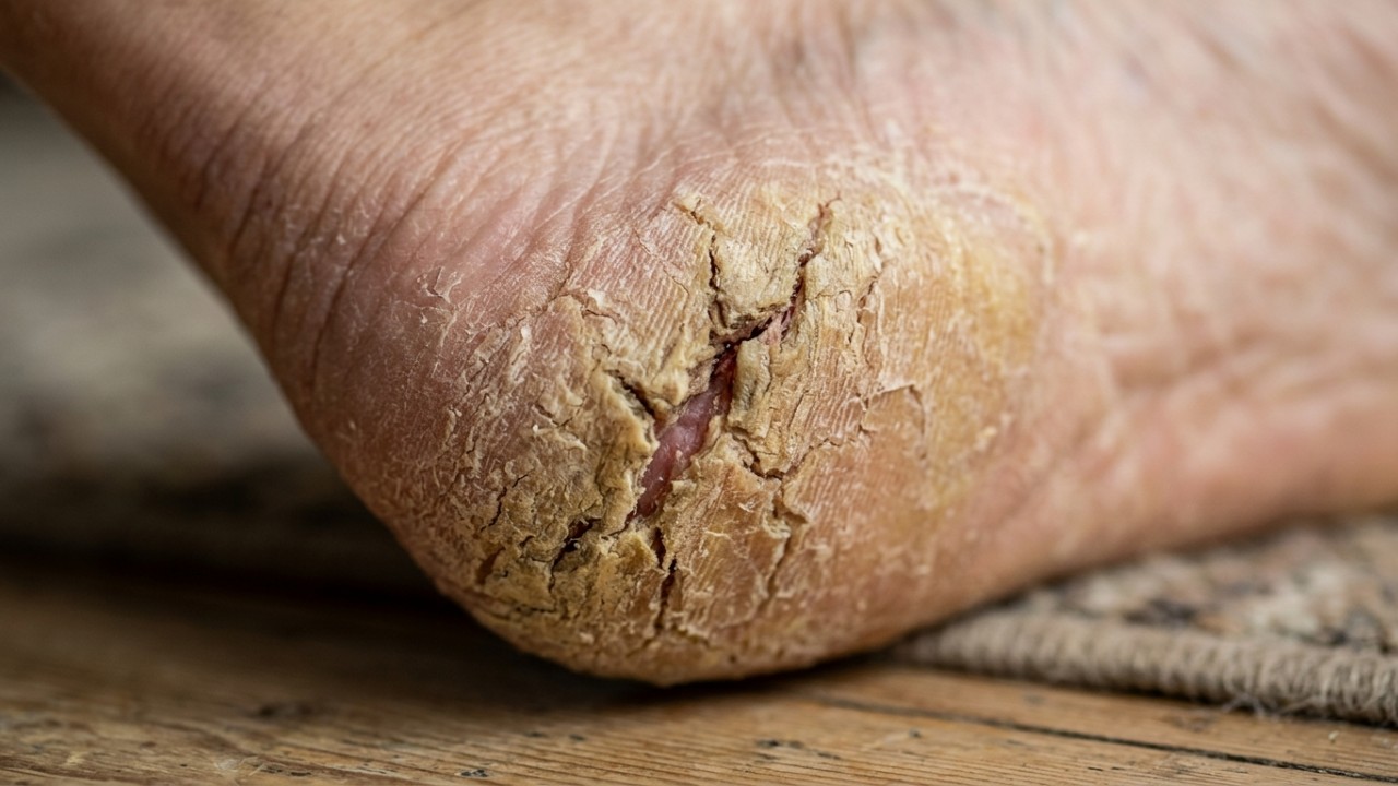 O surgimento de fissuras persistentes nos calcanhares exige investigação médica para identificar causas sistêmicas ou dermatológicas. – Imagem gerada por IA
