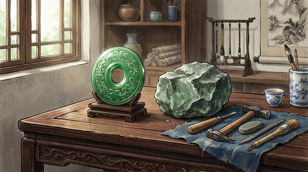 O jade foi associado por séculos a prestígio, virtude, beleza e permanência na cultura chinesa, aparecendo em objetos rituais, ornamentos e imagens de nobreza.