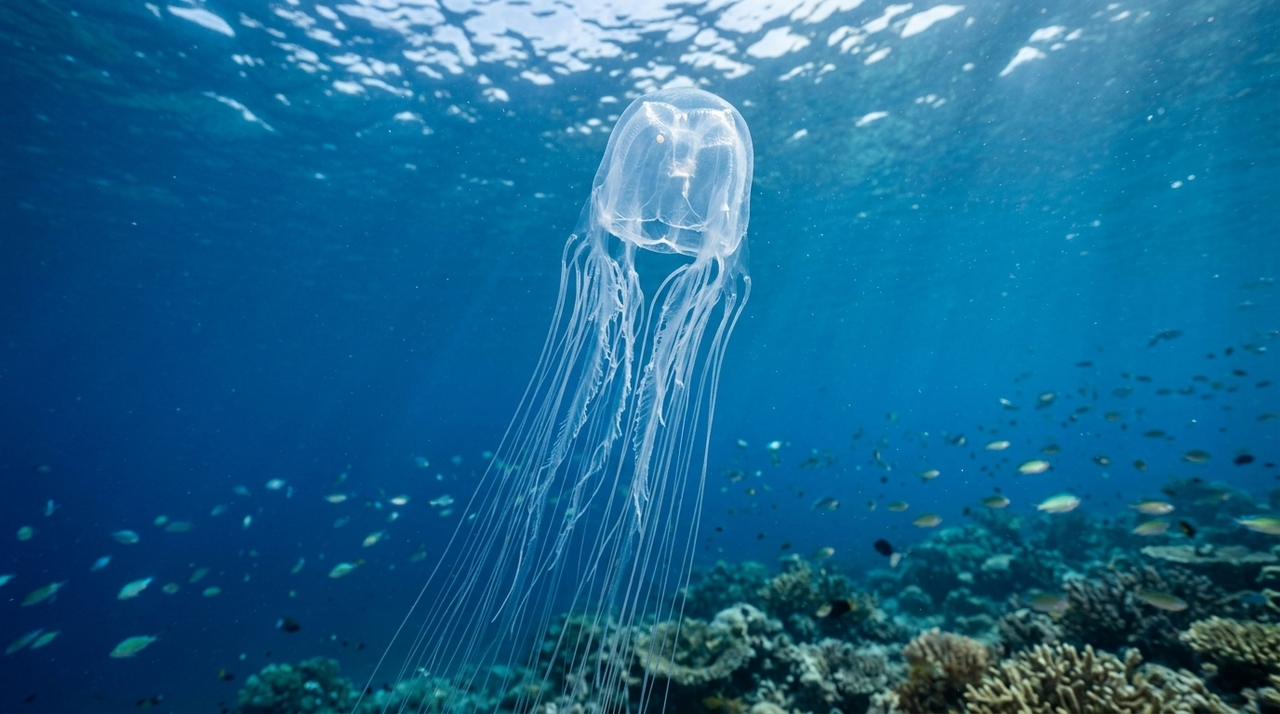 A espécie Chironex fleckeri, encontrada principalmente em águas tropicais do Indo-Pacífico, é considerada uma das criaturas peçonhentas mais perigosas conhecidas.