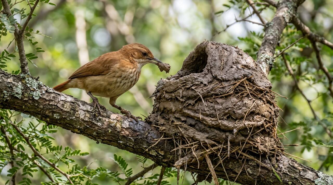 O ninho de barro é construído aos poucos, com barro argiloso, palha e outros materiais naturais que ajudam a dar liga