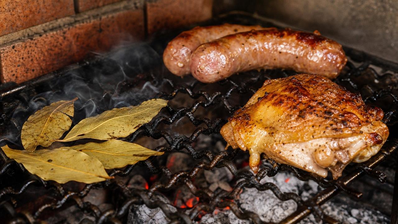 Poucas folhas secas sobre brasas estáveis evitam fumaça pesada no churrasco.