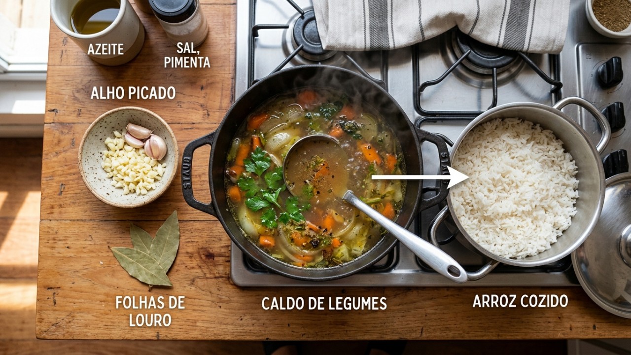 Substituir a água por um caldo bem temperado eleva o sabor do arroz comum. – Imagem gerada por IA