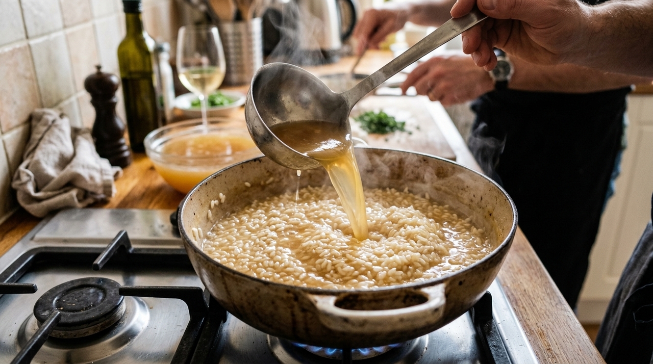 Quando o arroz estiver al dente e cercado por líquido cremoso, desligue o fogo e espere alguns segundos