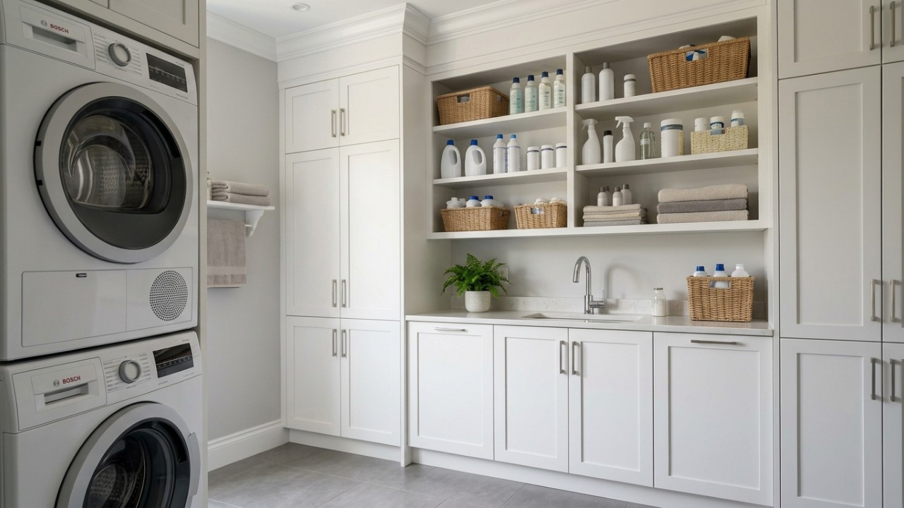Aproveitar o espaço vertical com armários e prateleiras transforma a lavanderia em um ambiente mais prático e organizado. – Imagem gerada por IA