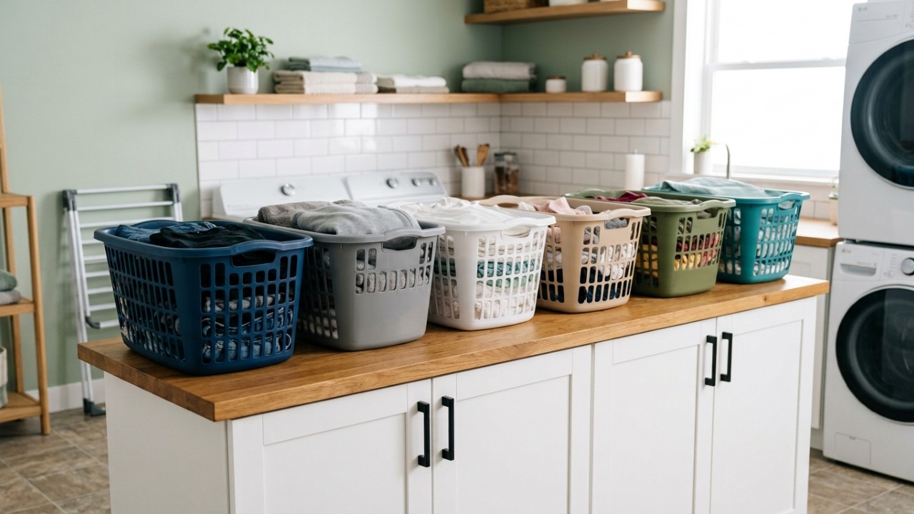 Separar as roupas previamente e utilizar divisórias para os produtos garante uma rotina doméstica muito mais eficiente. – Imagem gerada por IA