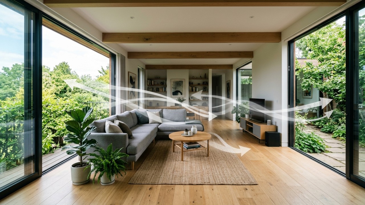 A ventilação estratégica permite manter o conforto térmico sem comprometer a eficiência energética. – Imagem gerada por IA